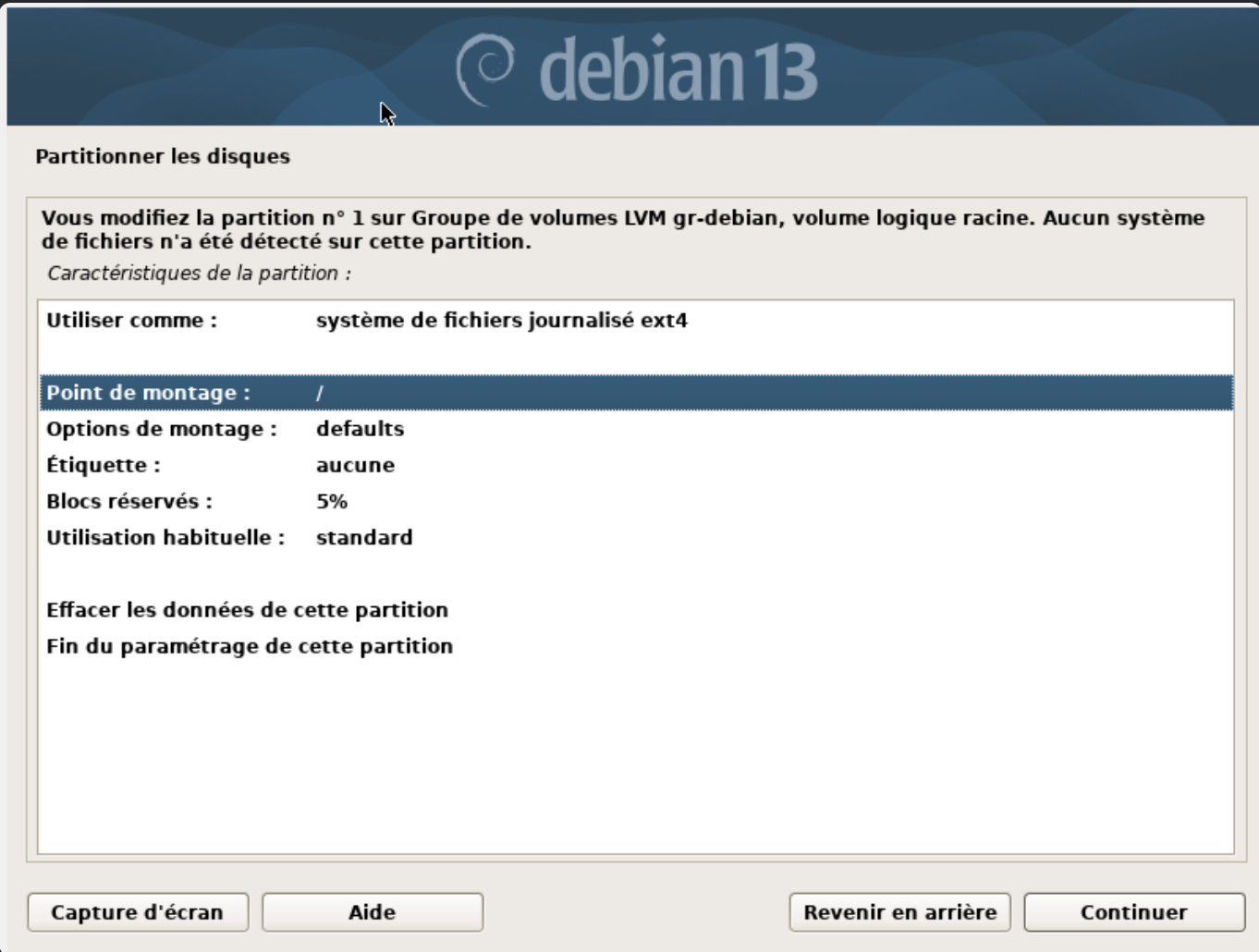 Configuration LV racine ext4 Configuration LV racine ext4